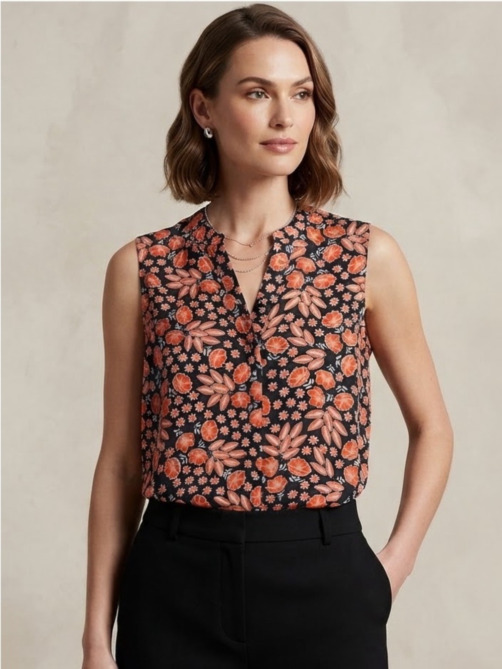 NWT NYDJ Mandarin Blouse Size M Rose Haven Orange Floral Sleeveless Top